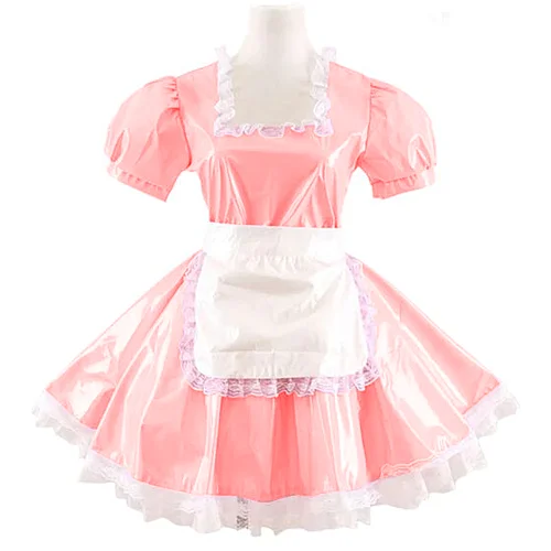 Women Adults Sissy Cosplay Costume Square Neck Lace Dress with Apron Lolita PVC Short Sleeve A-line Mini Maid Pleated Dress