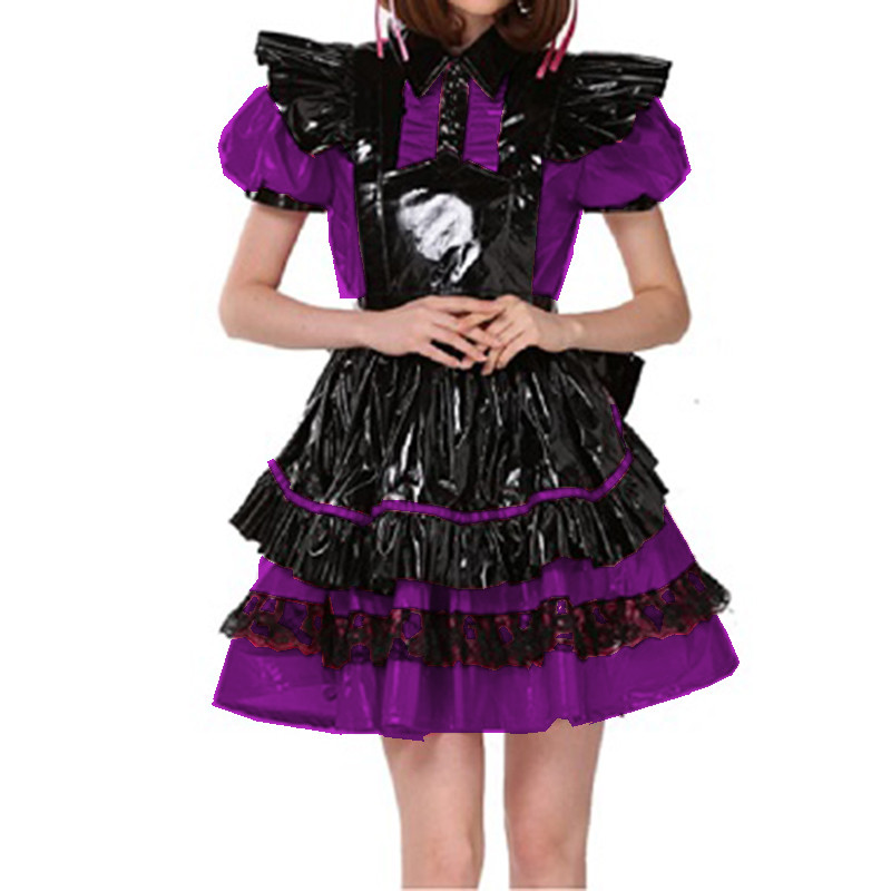 Lockable French Maid Role Play Mini Dress with Apron Sissy PVC Gothic Lace Trims Dress Uniform Cosplay Costumes Anime Unisex 7XL