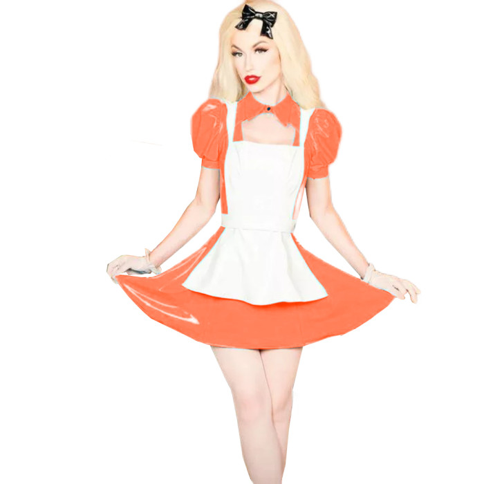 Shiny PVC Lolita 3Pcs Maid Uniforms Puff Short Sleeve Jacket Sleeveless Mini Dress Lace-up Apron Sweet Maid Cosplay Costume