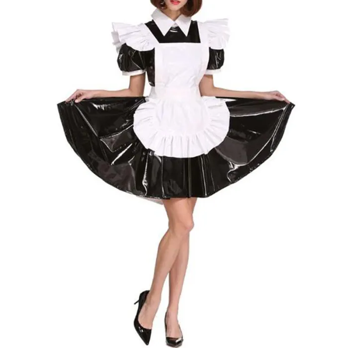 Plus Size Exotic Maid Cosplay PVC Uniform Women Wet Look Short Puff Sleeve Mini Dress French Maid Costume Lolita Apron Dress