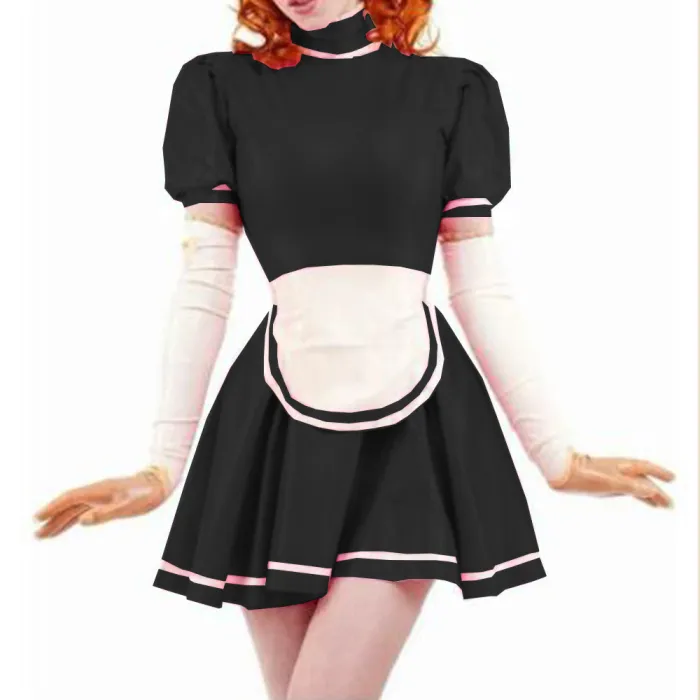 Sexy Sissy PVC French Maid Dress Sweet Wind Puff sleeves Lolita Dress With Apron Wet look PVC Leather Maid Uniform Custom 7XL