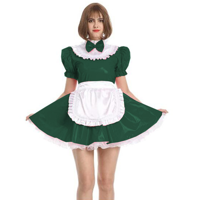 Womens Maid Sexy Costumes Plus Size Sissy Maid Cosplay PVC French Maid Uniform Outfit Ruffled Puff Sleeve Fancy Dress with Apron