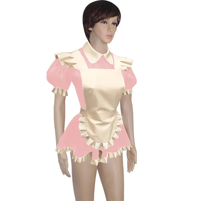 Mens Lockable Short Sleeve Turn-down Collar Maid Uniforms Sissy Glossy PVC Leather Maid Cosplay Costume Outfit Dress with Apron