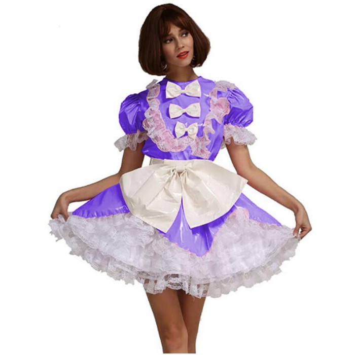 Men Sissy French Maid Uniform Short Puff Sleeve Fancy Flare Dress Cosplay Costume PVC Frilly Crossdrssing Dress with Bow Apron