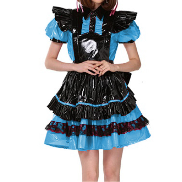 Lockable French Maid Role Play Mini Dress with Apron Sissy PVC Gothic Lace Trims Dress Uniform Cosplay Costumes Anime Unisex 7XL