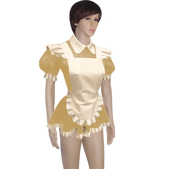 Mens Lockable Short Sleeve Turn-down Collar Maid Uniforms Sissy Glossy PVC Leather Maid Cosplay Costume Outfit Dress with Apron