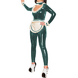 Sexy Clubwear Hollow Out Ruffles Neck Maid Jumpsuit with Apron Womens Mens Shiny PVC French Maid Uniforms Exotic Cosplay Costume