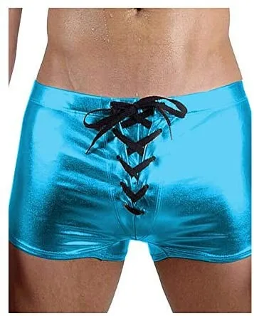 Men Skinny Lace Up Boxer Shorts Sexy Knickers Shiny Metallic Trunks