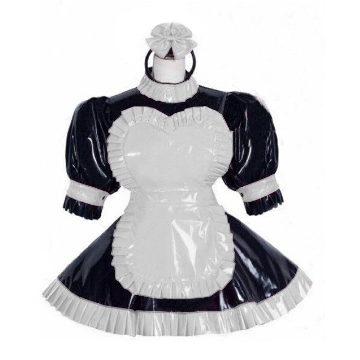 Fantasy Sissy Lockable Maid Uniforms Sweet Heart Apron Headband Fluffy Puff Sleeve Mini Maid Dress Shiny PVC Cosplay Costume