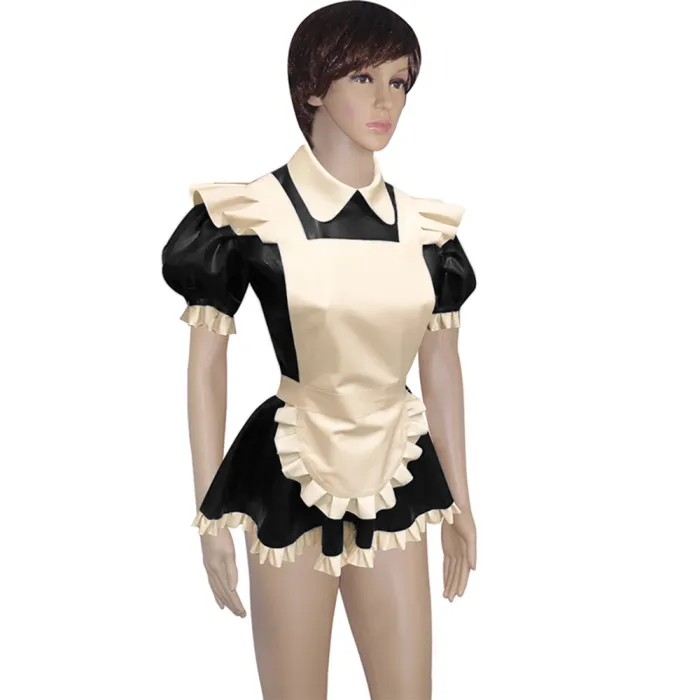 Mens Lockable Short Sleeve Turn-down Collar Maid Uniforms Sissy Glossy PVC Leather Maid Cosplay Costume Outfit Dress with Apron