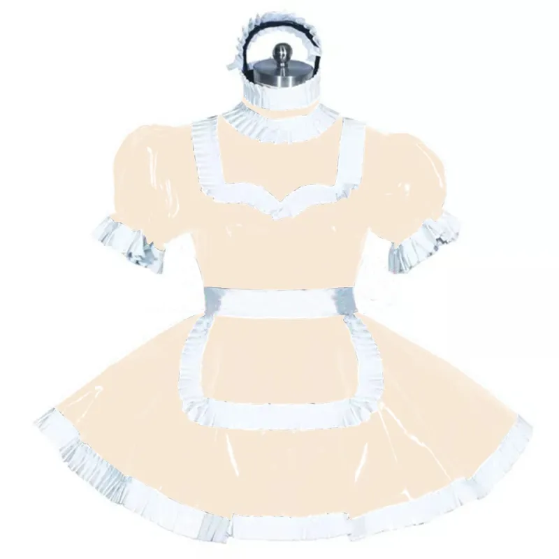 Shiny PVC Puff Sleeve Sissy Dress Patent leather High Neck mistress dress Men Crossdressing Costume Big Size Maid Servant Dress