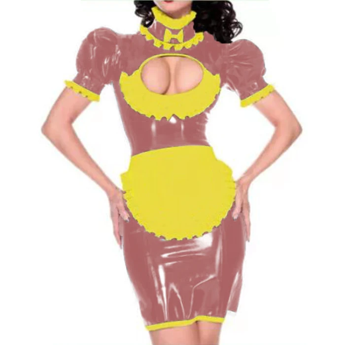Maid outfit Sweet Lolita Women Leather PVC Gothic Dress Puff Sleeve Bodycon Mini Dress Elegant Ladies Workwear Dress plus size