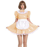 Womens Maid Sexy Costumes Plus Size Sissy Maid Cosplay PVC French Maid Uniform Outfit Ruffled Puff Sleeve Fancy Dress with Apron