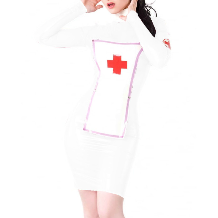 Sexy Nurse uniform Costume Patchwork Glossy Clear PVC Long Sleeve Skinny Mini Dress With Apron Erotic Cosplay Party Club S-7XL