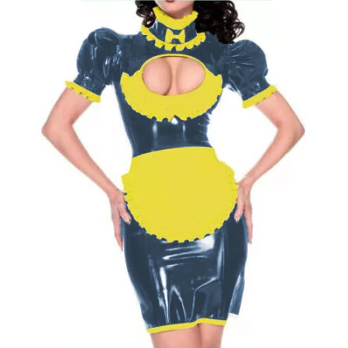 Maid outfit Sweet Lolita Women Leather PVC Gothic Dress Puff Sleeve Bodycon Mini Dress Elegant Ladies Workwear Dress plus size