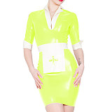 Sexy Nurse Dress With Apron uniform Glossy PVC Patchwork White Slim Fit Pencil Mini Dress Funny Dress Cosplay Costume Sets S-7XL