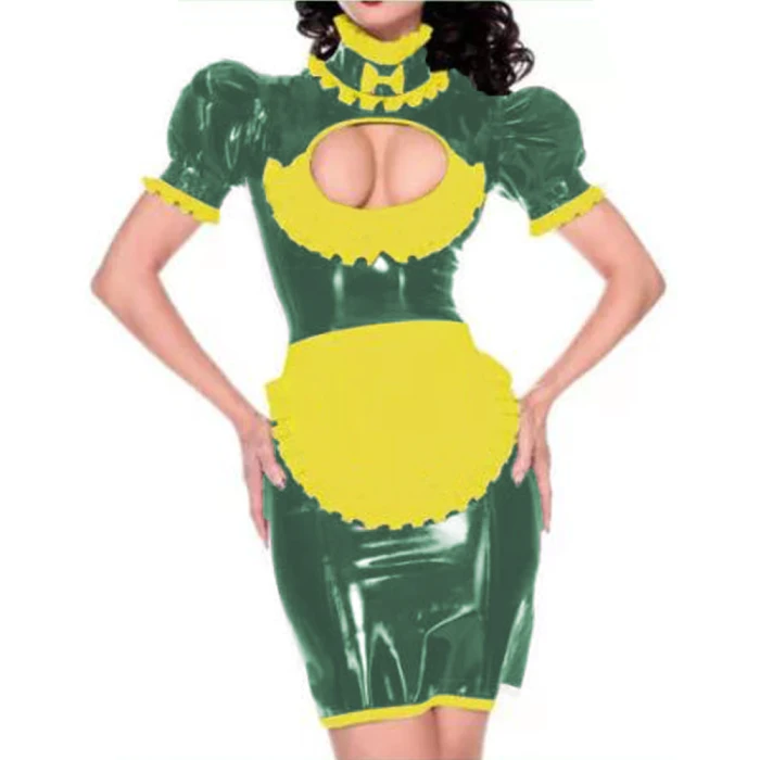 Maid outfit Sweet Lolita Women Leather PVC Gothic Dress Puff Sleeve Bodycon Mini Dress Elegant Ladies Workwear Dress plus size