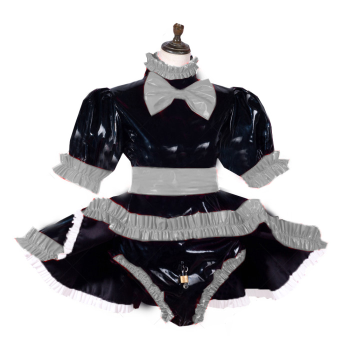 Sissy Maid lockable PVC Bodysuit Wetlook leather short puff sleeve lolita  jumpsuit vinyl body suits plus size crossdressing