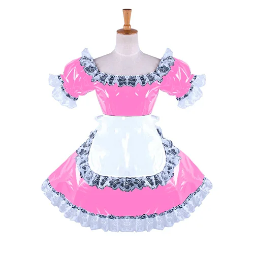 Sexy Maid Outfit Cospaly Game  Leather Uniform Skirt  White Lace Splicing Maid Kawaii uniform girl pleated skirt With Apron