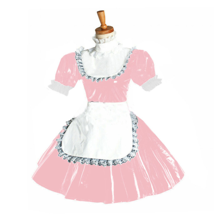 Unsex Sexy Maid Dress Short Puff Sleeve pvc Lace Trimming Maid Fancy Dress Sissy Patent Leather Costume Lolita A-Line Clubwear
