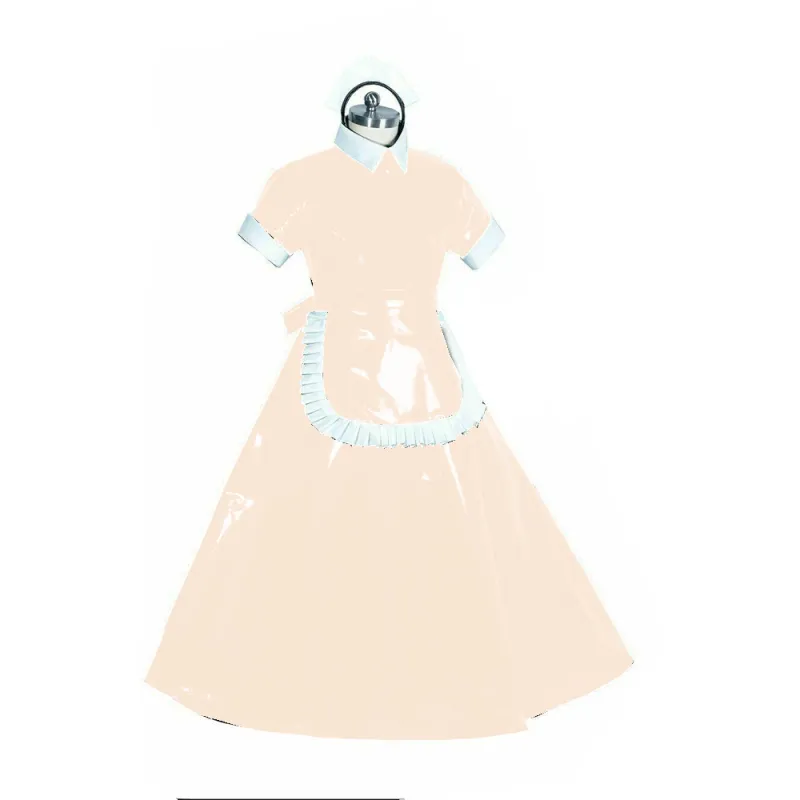 Lockable PVC French Maid Cosplay Short Sleeve Turtleneck Long Dress with Apron Maid Servant Outfit Rave Club Costumes Role Play