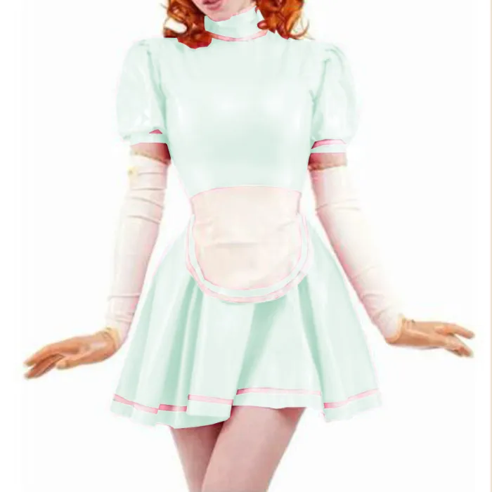 Sexy Sissy PVC French Maid Dress Sweet Wind Puff sleeves Lolita Dress With Apron Wet look PVC Leather Maid Uniform Custom 7XL