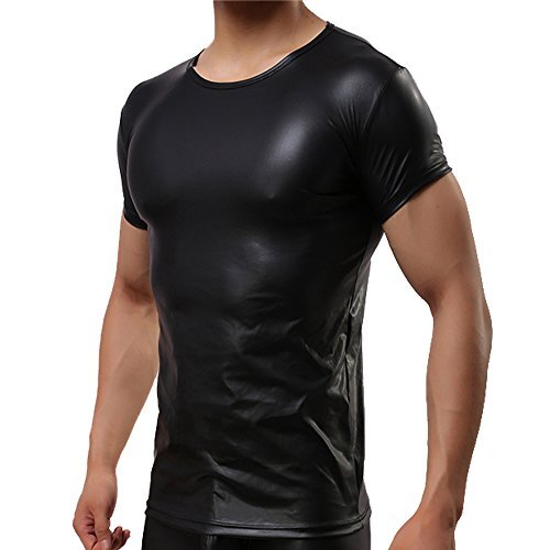 Sexy Men's Black T-Shirts Faux Leather Tops Short Sleeve Undershirt Clubwear