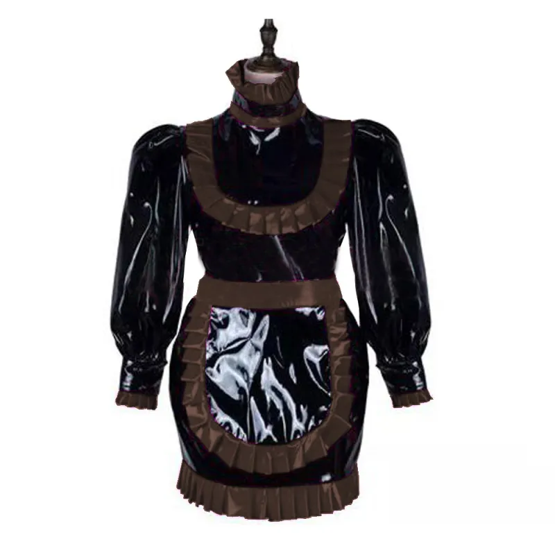 New Arrival Lockable Maid PVC Mini Dress PU Leather French Miad Dress Lantern sleeve Bodycon Apron SISSY Dress S-7XL