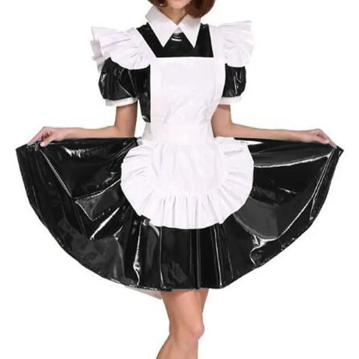 Plus Size Exotic Maid Cosplay PVC Uniform Women Wet Look Short Puff Sleeve Mini Dress French Maid Costume Lolita Apron Dress