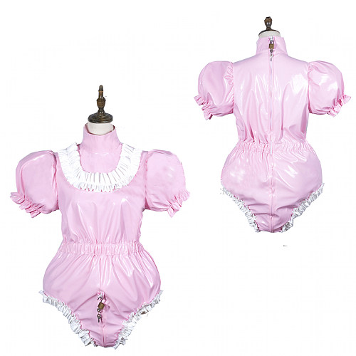 Sissy Bodysuit Shiny PVC Lolita Puff Short Sleeve Maid Cosplay Costume Vinyl Maid Dress Lockable Gothic Jumpsit  Plus Size 7XL