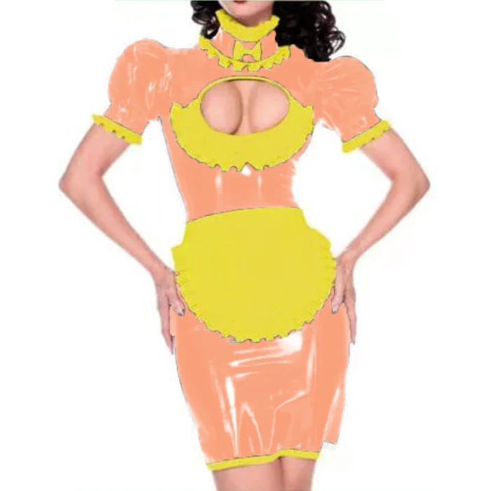 Maid outfit Sweet Lolita Women Leather PVC Gothic Dress Puff Sleeve Bodycon Mini Dress Elegant Ladies Workwear Dress plus size