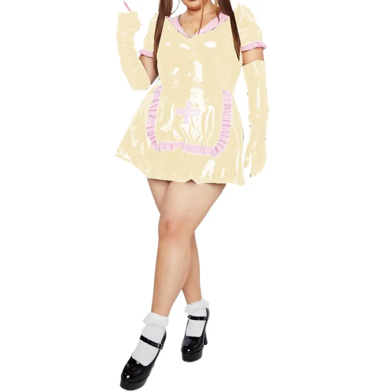 Anime Girls Nurse Dress Sexy Cosplay PVC Leather Lolita Nightdress Outfits Nurse Uniform Dress with Apron Party Stage Costumes