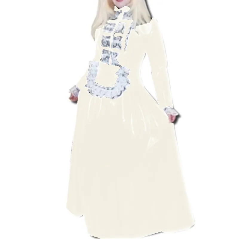 Sexy Maid Costumes Lace Tirmming Long Dress Sissy PVC Long Sleeve Lockable Stand Neck Dress Maid Uniform Dress Cosplay Fetish