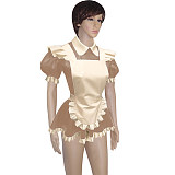 Mens Lockable Short Sleeve Turn-down Collar Maid Uniforms Sissy Glossy PVC Leather Maid Cosplay Costume Outfit Dress with Apron