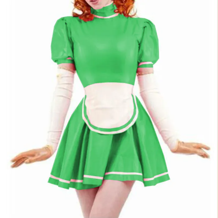 Sexy Sissy PVC French Maid Dress Sweet Wind Puff sleeves Lolita Dress With Apron Wet look PVC Leather Maid Uniform Custom 7XL