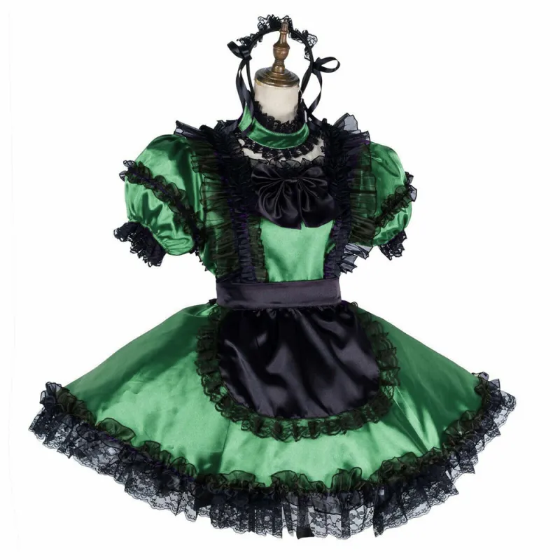 Sissy Black Lace Lockable Maid Dress Uniform Short Puff Sleeve Satin Exotic Maid Dress with Apron Sexy Cosplay Costume Dress