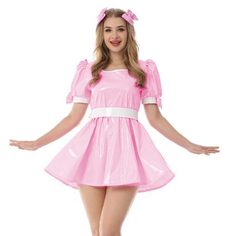 New Arrival Sissy Dress Sweet PVC Mini Dress Vinyl Short SleeveTank Neck Dress with Bow Plus Size Lolita Halloween Costume