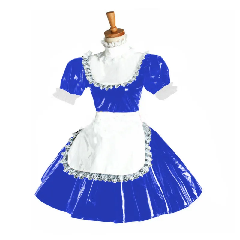 Unsex Sexy Maid Dress Short Puff Sleeve pvc Lace Trimming Maid Fancy Dress Sissy Patent Leather Costume Lolita A-Line Clubwear