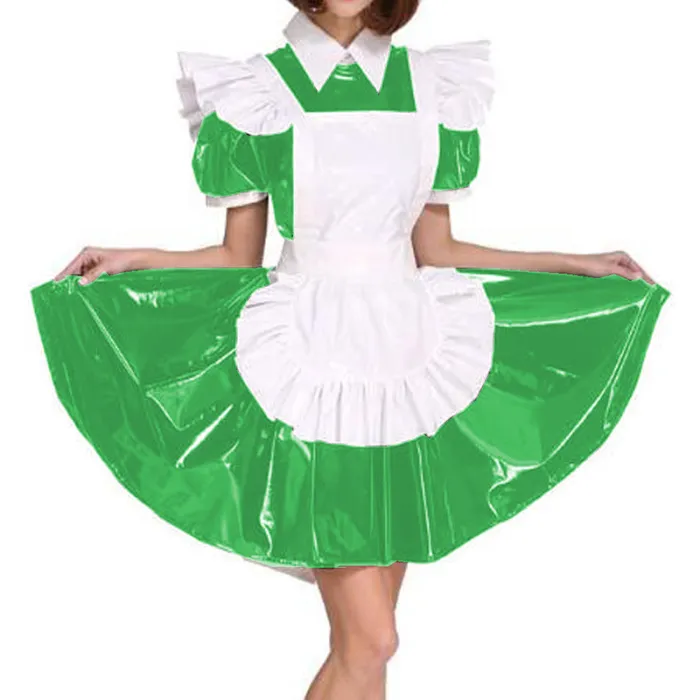 Plus Size Exotic Maid Cosplay PVC Uniform Women Wet Look Short Puff Sleeve Mini Dress French Maid Costume Lolita Apron Dress