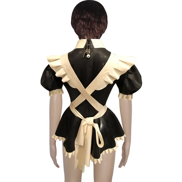 Mens Lockable Short Sleeve Turn-down Collar Maid Uniforms Sissy Glossy PVC Leather Maid Cosplay Costume Outfit Dress with Apron