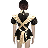 Mens Lockable Short Sleeve Turn-down Collar Maid Uniforms Sissy Glossy PVC Leather Maid Cosplay Costume Outfit Dress with Apron