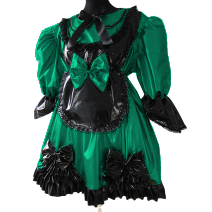 Lolita Peter Pan Collar Half Sleeve Black Frills Shiny PVC Maid Dress Unique Vinyl Glossy Leather Maid Fancy Cosplay Costume Set