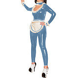 Sexy Clubwear Hollow Out Ruffles Neck Maid Jumpsuit with Apron Womens Mens Shiny PVC French Maid Uniforms Exotic Cosplay Costume