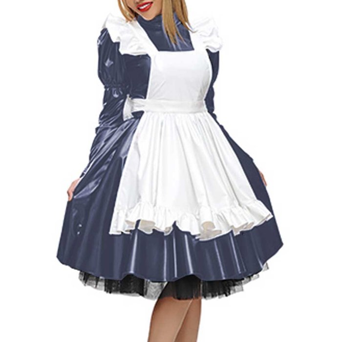 19 Colors Matte Maid Dress High Neck Long Sleeve Vestido Gothic Tutu Dress Lady A-line Pleated Dress Vintage Cosplay Uniform