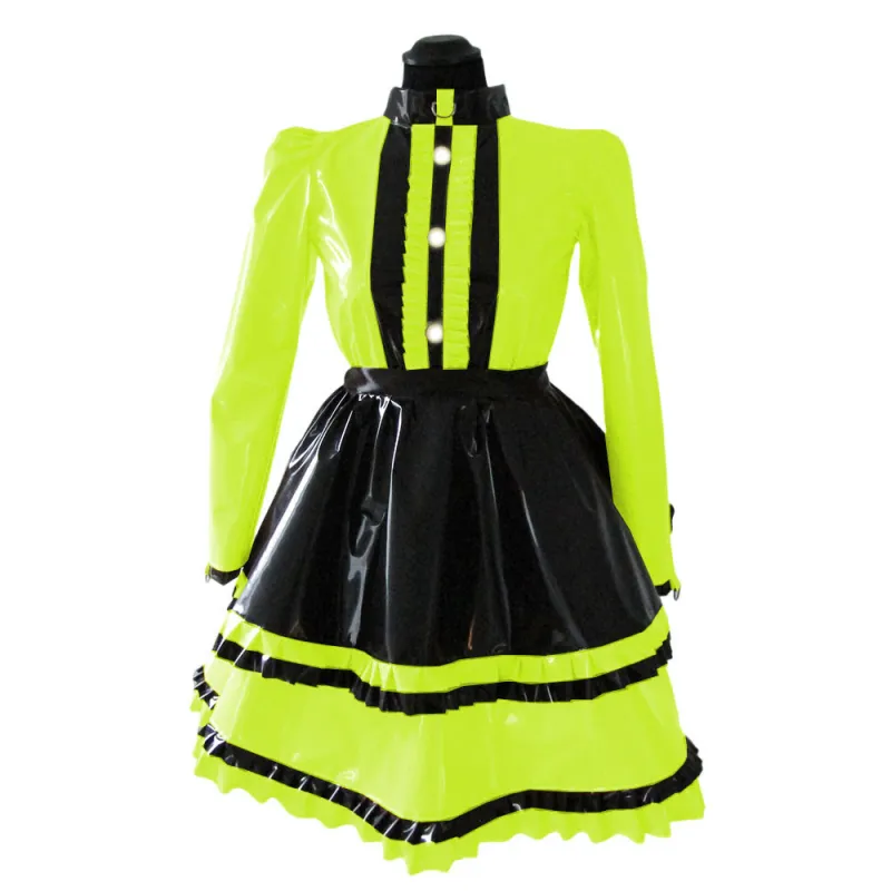 Lockable Sissy Sexy French Maid Shiny PVC Uniform Outfit Puffy Bubble Sleeve Ruffles Maid Dress with Apron Halloween Costumes