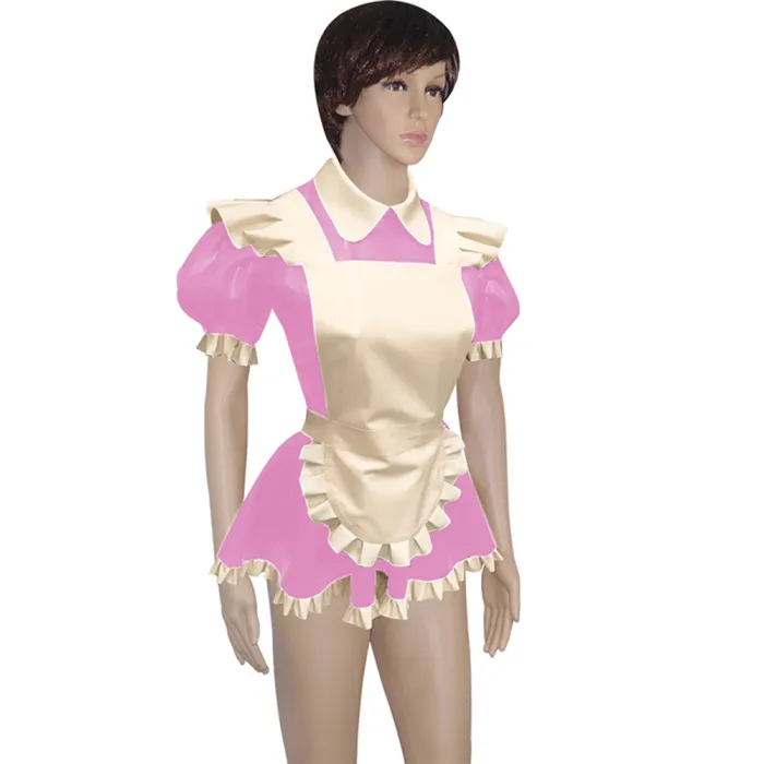 Mens Lockable Short Sleeve Turn-down Collar Maid Uniforms Sissy Glossy PVC Leather Maid Cosplay Costume Outfit Dress with Apron