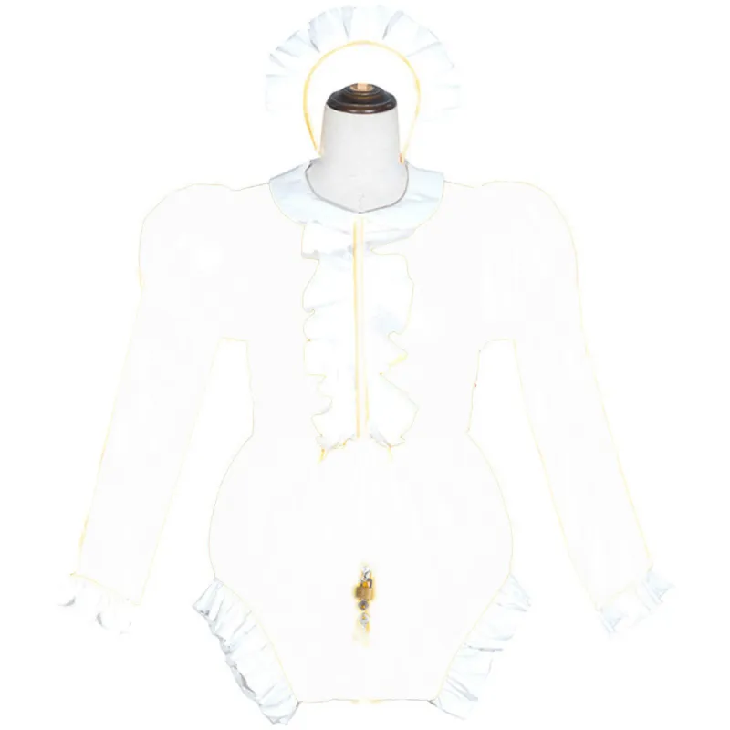 Adult Sexy Cross Dressing Maid Cosplay Costume Lockable Sexy Wetlook PVC Bodysuit Sissy Long sleeve Faux Leather Bodysuits S-7XL