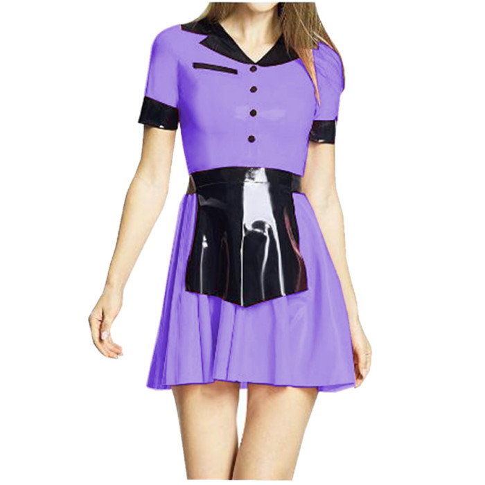 Turn-down Collar Shiny PVC French Maid Dress Short Sleeve Mini A-line Dress with Apron Outfits Halloween Cosplay Costumes 7XL