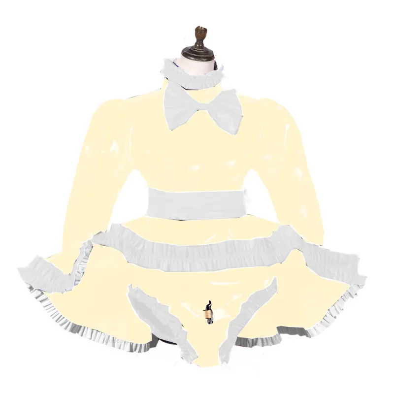 Long Sleeve Sissy Dress PVC Bow Pant Dress Lockable French Maid Outfit Shiny Lolita Cosplay Crossdresser Plus Size S-7XL