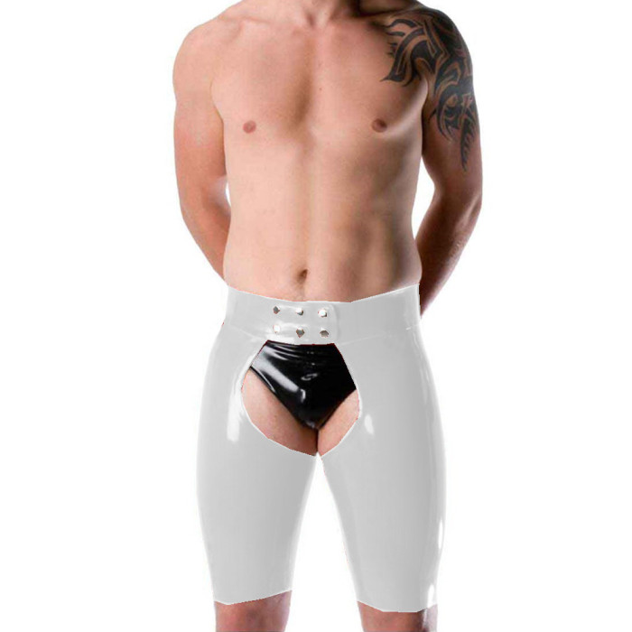 Wetlook PVC Leather Sexy Men Short Pants Skinny Fetish Slim Sex Open Crotch Shorts Sissy Lingerie Party Clubwear Casual S-7XL